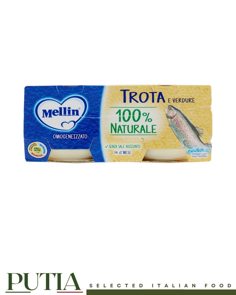 Mellin Trout Homogenised Baby Food 80g x2 – Smooth Italian baby purée with delicate trout, gently processed for infants from 6 months