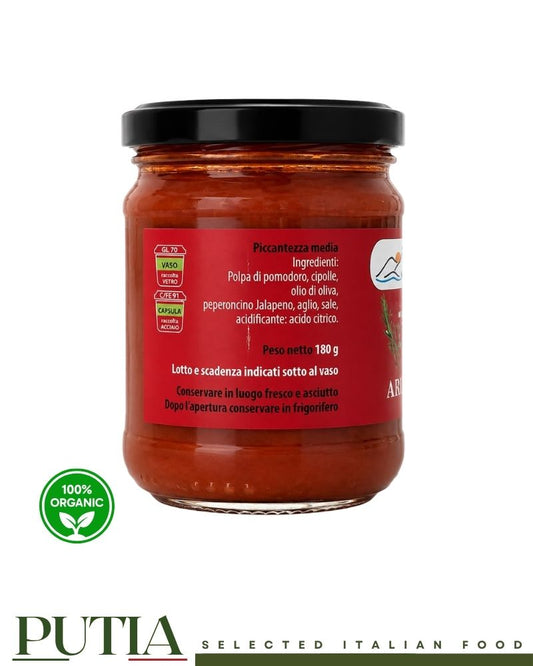 Back label of Ca' D'Alfieri La Bottega Arrabbiata 180g showing ingredients, storage instructions and recycling information