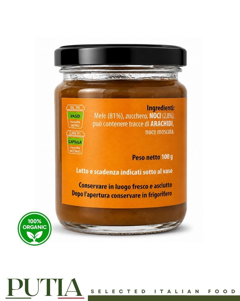 Back label of Ca' D'Alfieri La Bottega Mele e Noci 100g showing ingredients, storage instructions and recycling information, made in Bardi, Italy