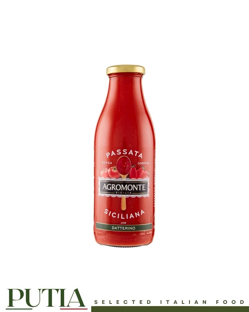Agromonte Sicilian Datterini Passata – thick Italian tomato passata with sweet datterini, vegan and Kosher certified, no preservatives, 520ml