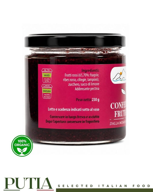 Back label of Ca' D'Alfieri La Bottega Confettura di Frutti Rossi 230g showing ingredients, storage instructions and product information.