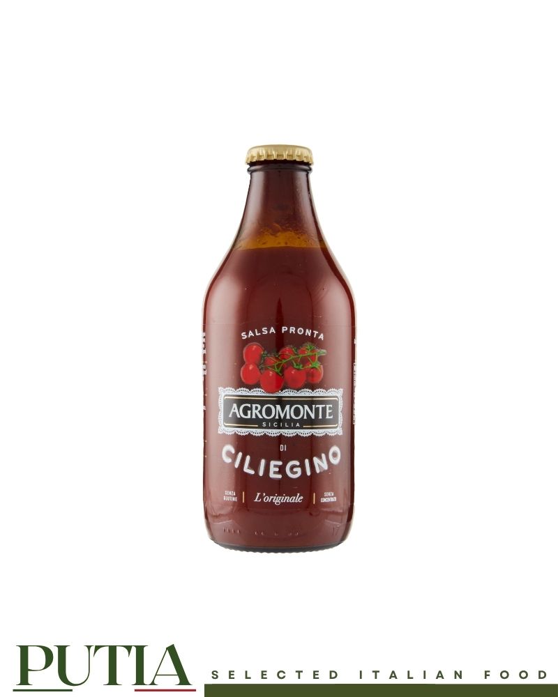 Agromonte Sicilian Cherry Tomato Sauce – ready-to-use Italian ciliegino tomato sauce with extra virgin olive oil and basil, gluten-free, vegan, 330g jar