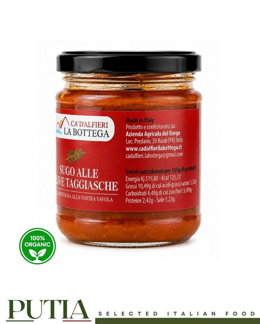 Back view of Baldi Ca' D'Alfieri La Bottega Sugo alle Olive Taggiasche showing ingredients, nutritional information and storage instructions on a 180g glass jar.