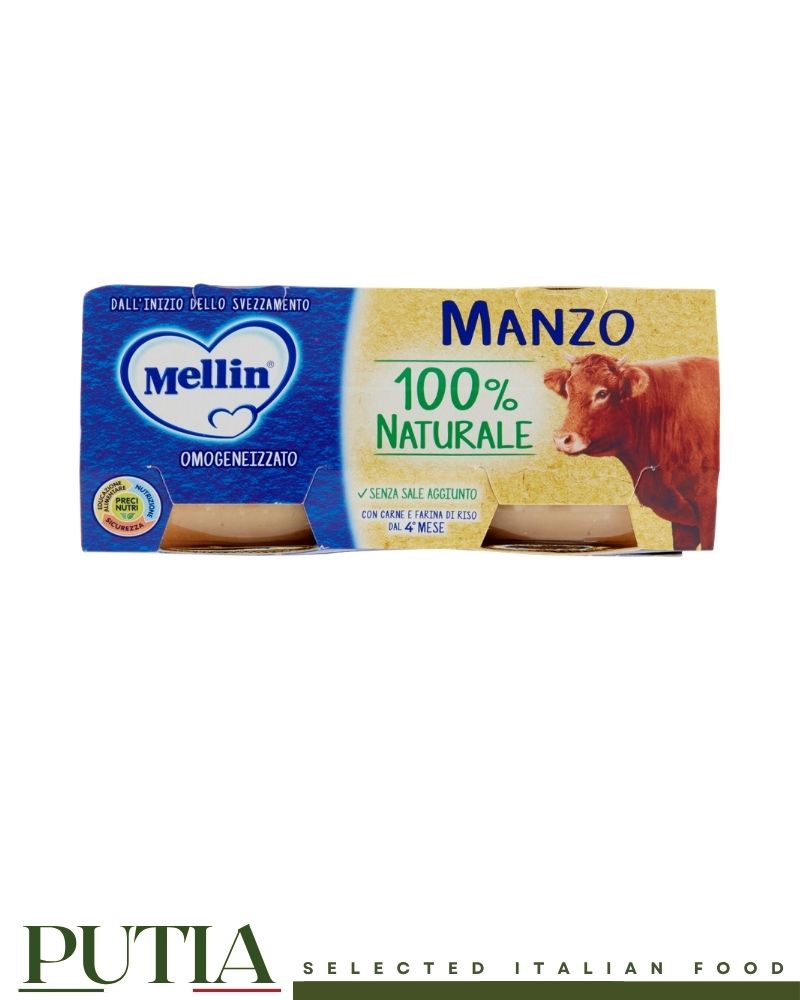Mellin Beef Homogenised Baby Food 80g x2 – Smooth Italian baby purée with tender beef, gently processed for infants from 6 months