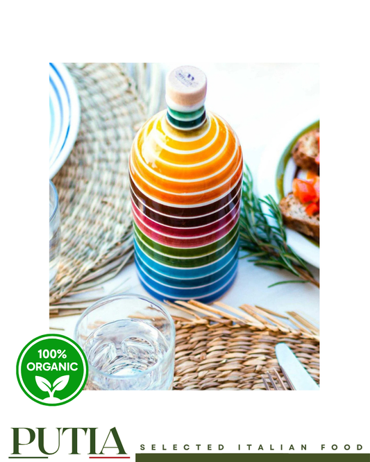 Frantoio Muraglia Rainbow Collection 500ml ceramic bottle with intense fruity Coratina Extra Virgin Olive Oil from Puglia, Italy
