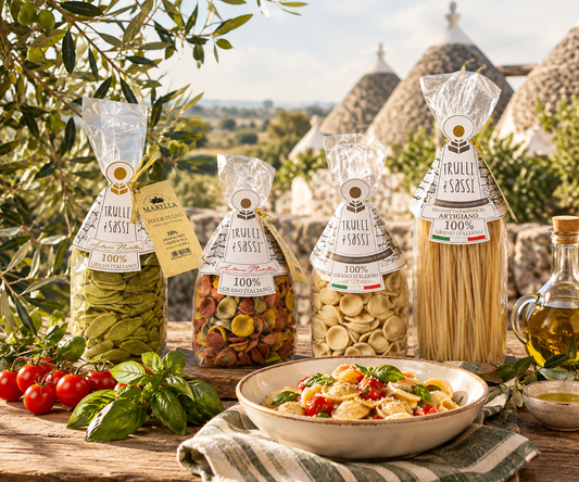Trulli & Sassi artisan Puglian pasta including orecchiette, rainbow orecchiette, cavatelli and spaghetti, made with 100% Italian durum wheat semolina outia italia food shop uk 