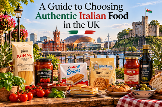 Authentic Italian food in the UK featuring Rummo pasta, Agromonte sauce, Kinder Brioss and Mulino Bianco biscuits with Cardiff skyline