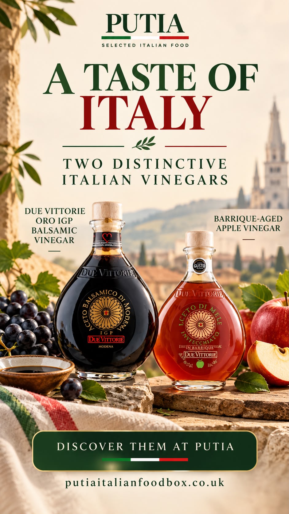 Putia promotional image featuring Due Vittorie Oro IGP balsamic vinegar and barrique-aged apple vinegar.