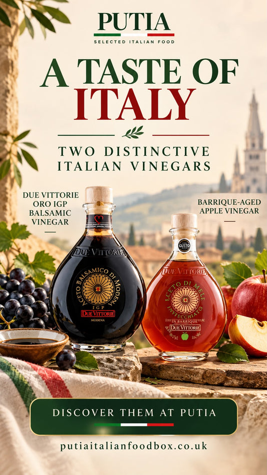 Putia promotional image featuring Due Vittorie Oro IGP balsamic vinegar and barrique-aged apple vinegar.