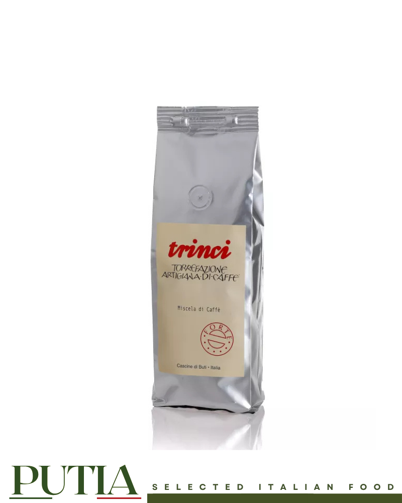 Trinci Forte Blend 1kg whole coffee beans in premium silver packaging, artisan roasted in Tuscany, Italy. Forte 