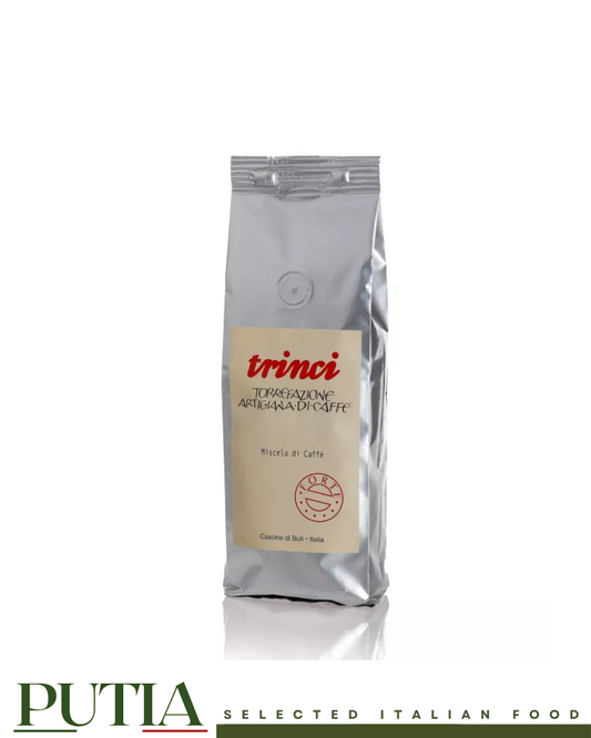Trinci Forte Blend 1kg whole coffee beans in premium silver packaging, artisan roasted in Tuscany, Italy. Forte 
