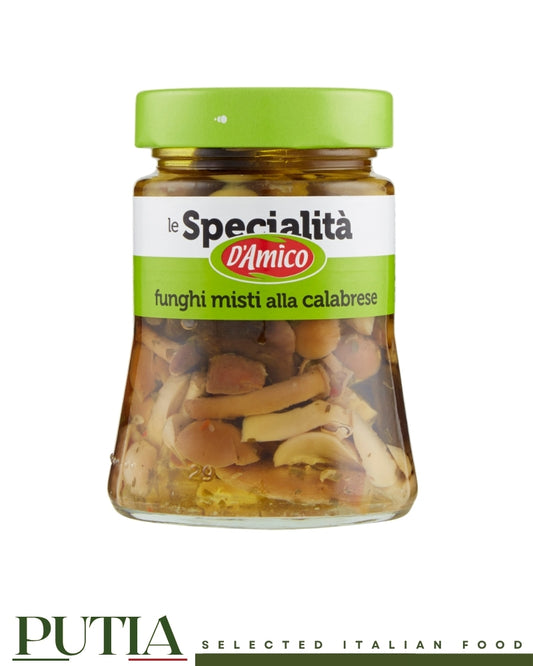 D’Amico Funghi Misti alla Calabrese mixed mushrooms in a 280g jar, Italian speciality available from PUTIA UK.