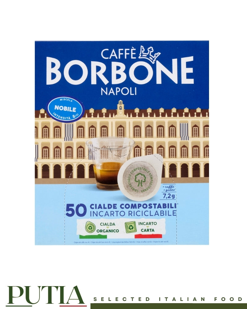 Caffè Borbone Nobile Napoli, 50 compostable coffee pods with recyclable paper wrapping.