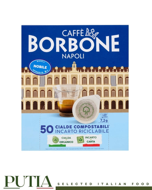 Caffè Borbone Nobile Napoli, 50 compostable coffee pods with recyclable paper wrapping.