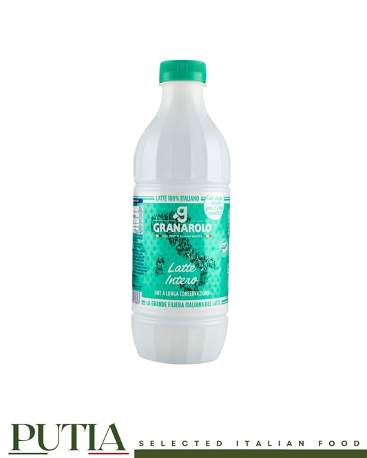 1-litre bottle of Granarolo UHT Whole Milk. The green and blue label features a map of Italy and the text 'Latte 100% Italiano'.