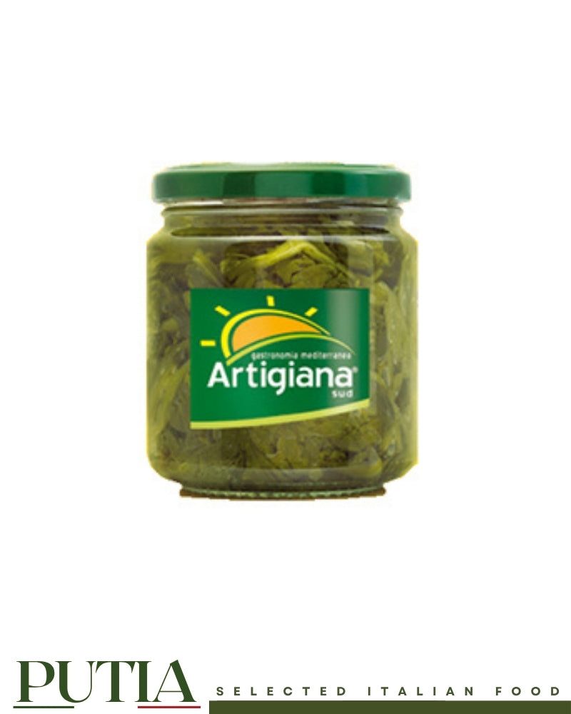 Artigiana Sud Neapolitan turnip tops in sunflower oil, authentic Italian friarielli broccoli rabe for pizza.