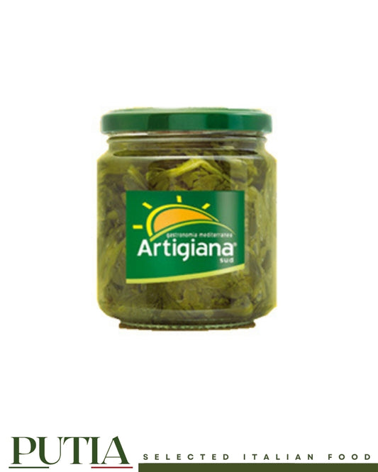 Artigiana Sud Neapolitan turnip tops in sunflower oil, authentic Italian friarielli broccoli rabe for pizza.