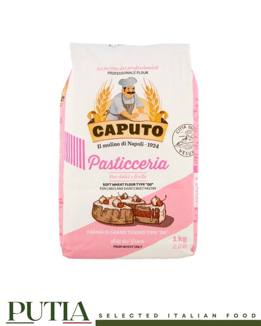 Caputo Pasticceria professional flour Tipo 00 1kg bag, authentic Italian milled soft wheat flour for cakes and shortcrust pastry featuring white and pink packaging with a cake illustration.