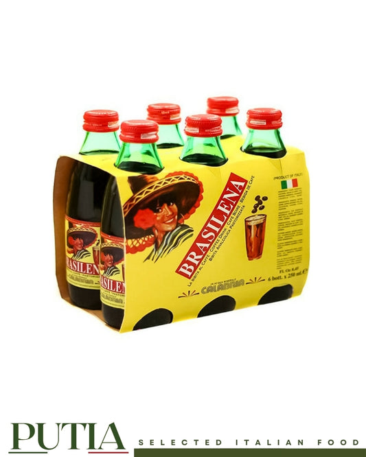 Brasilena Acqua Calabria sparkling coffee drink 6x250ml, authentic carbonated Italian coffee soda from Calabria, premium non-alcoholic iced coffee beverage.