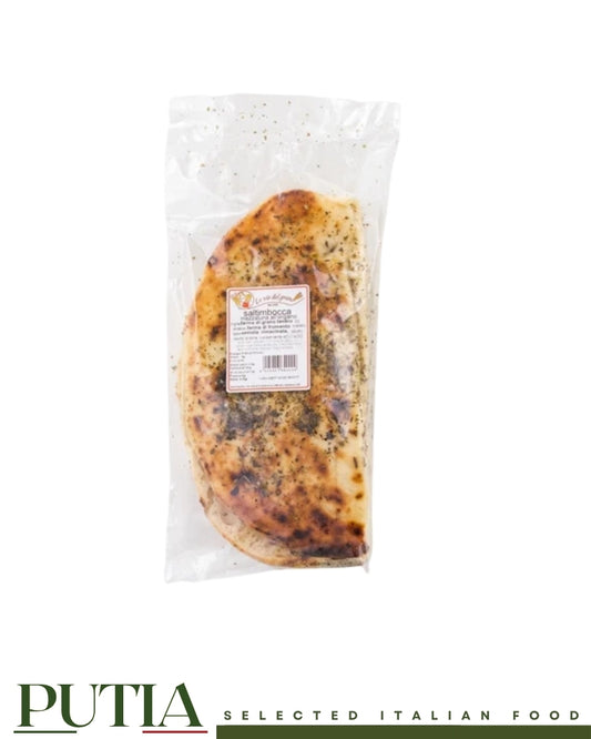 Il Vostro Fornaio Saltimbocca Mezza Luna 450g, a traditional Italian half-moon flatbread par-baked and seasoned with Mediterranean oregano on the surface for pizza-style sandwiches.