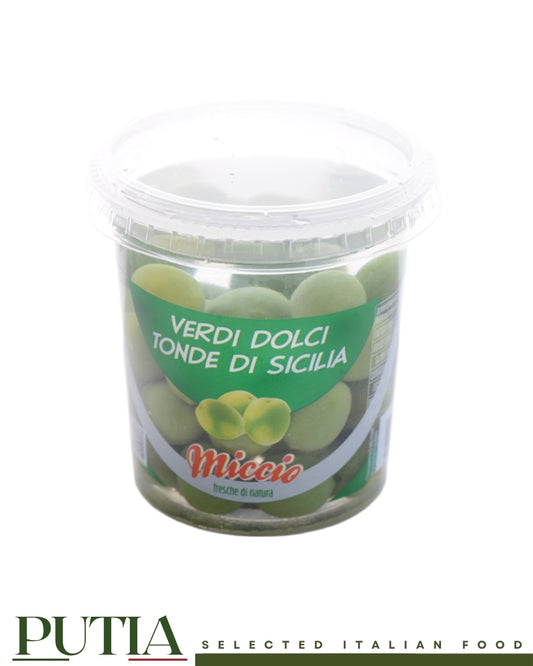 Miccio Verdi Dolci Tonde di Sicilia green olives tub, Putia Selected Italian Food.