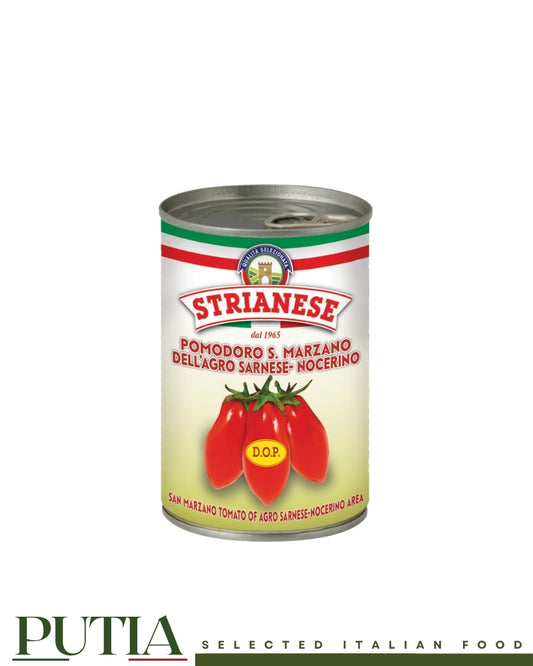 Strianese San Marzano DOP peeled tomatoes 400g tin for pizza sauce, Putia Selected Italian Food.