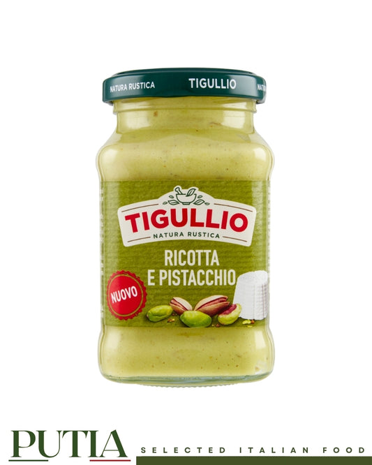 Tigullio Ricotta and Pistachio pesto sauce Natura Rustica jar, Putia Selected Italian Food.