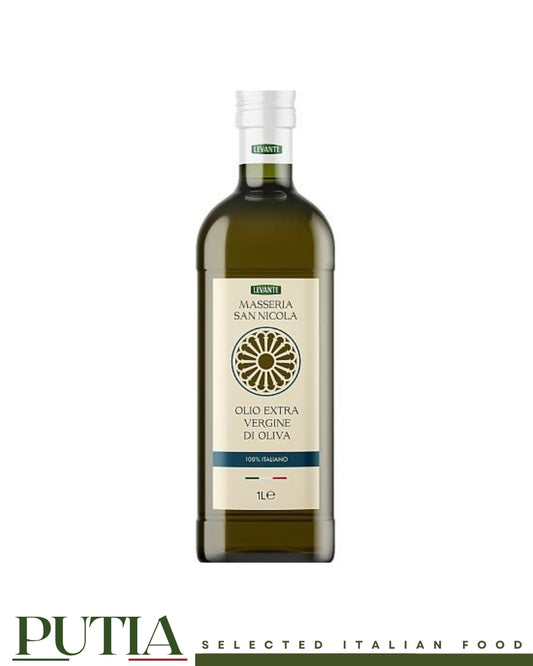 Levante Masseria San Nicola 100% Italian extra virgin olive oil 1L bottle from Puglia, Putia Selected Italian Food.