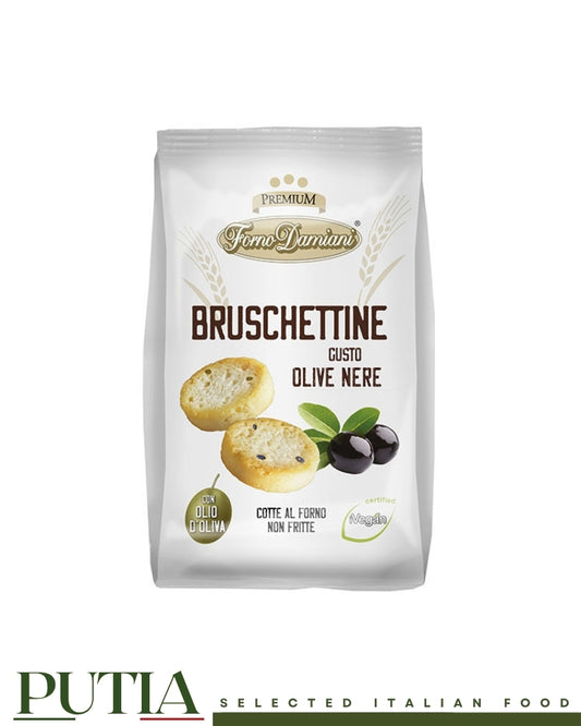 Forno Damiani Bruschettine gusto olive nere oven baked mini toasts 90g bag, Putia Selected Italian Food.
