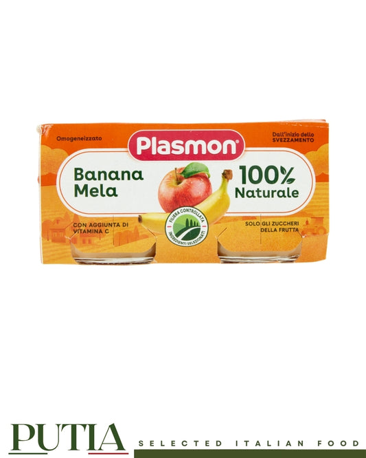 Plasmon banana e mela 100% naturale banana and apple puree baby food jars, Putia Selected Italian Food.