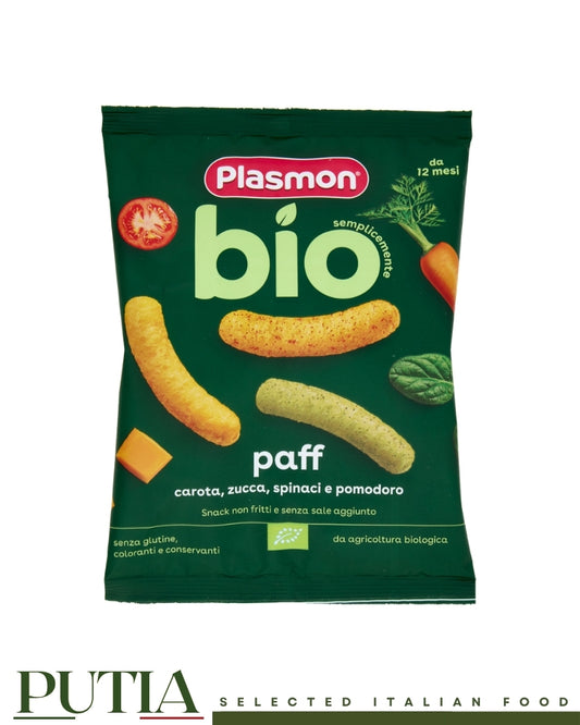 Plasmon Bio Paff organic carrot pumpkin spinach tomato baby snack 15g bag, Putia Selected Italian Food.