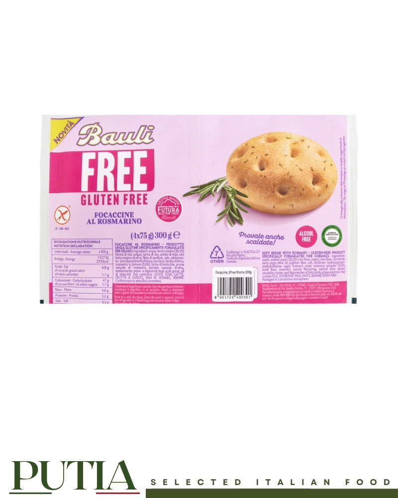 Bauli Free gluten free rosemary focaccine soft bread multipack 4 pack 300g, Putia Selected Italian Food.