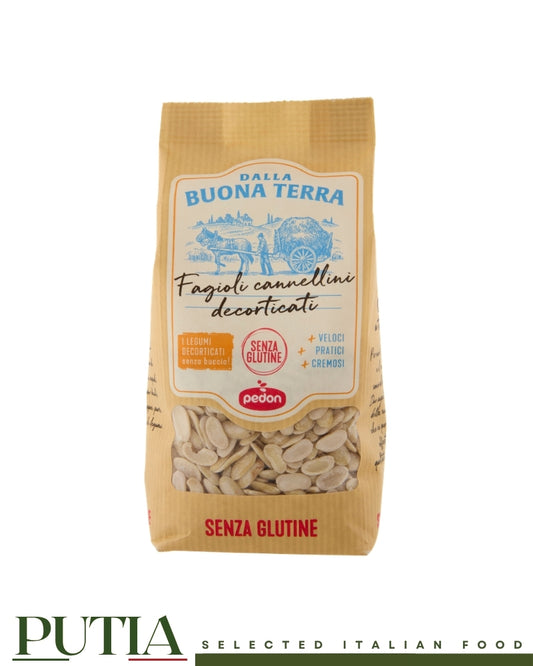 Pedon Dalla Buona Terra decorticated cannellini beans 350g bag gluten free, Putia Selected Italian Food.