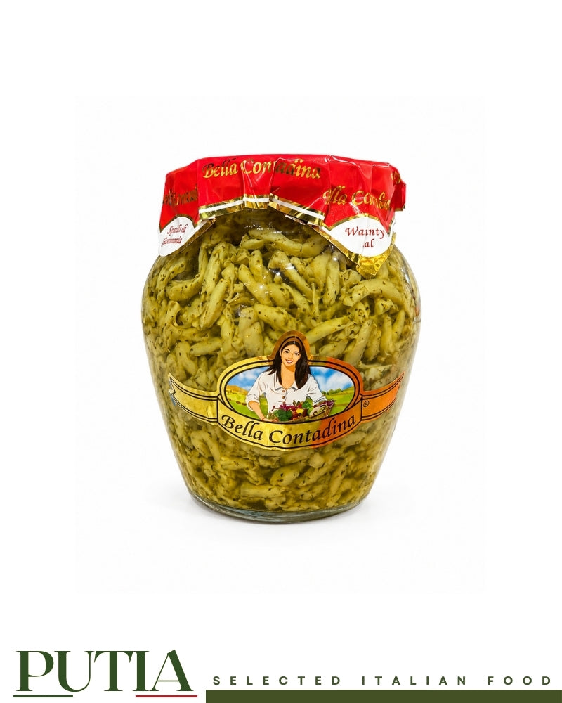 Bella Contadina sliced aubergines melanzane a filetti in oil 314g gourmet glass jar, Putia Selected Italian Food.