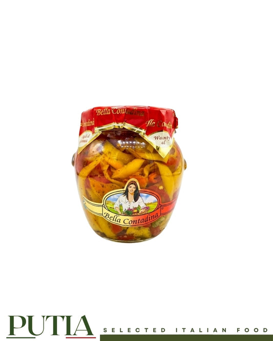 Bella Contadina seasoned sliced peppers peperoni a filetti in oil 550g gourmet glass jar, Putia Selected Italian Food.