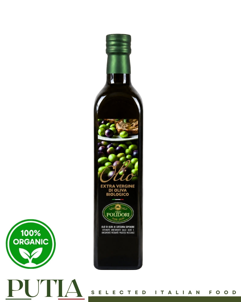 Olio Polidori Organic Extra Virgin Olive Oil 1L bottle with green cap, premium Italian organic olive oil from Tuscany