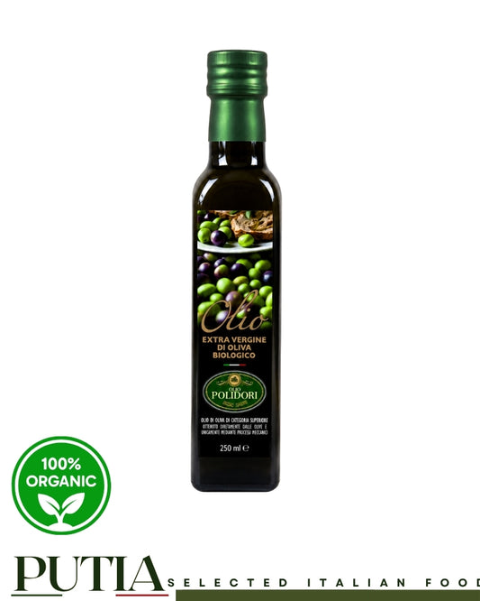 Olio Polidori Organic Extra Virgin Olive Oil 250ml bottle with green cap, Italian organic olive oil from Tuscany