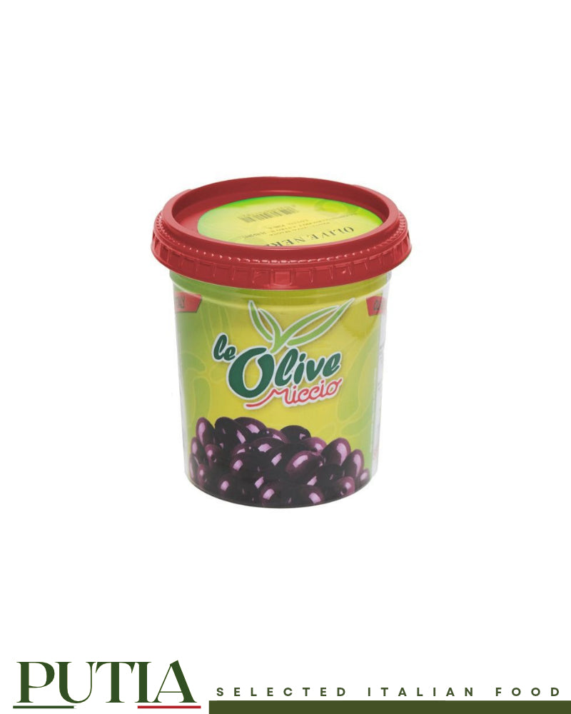 Miccio Sicilian Black Olives 200g jar, Putia Selected Italian Food