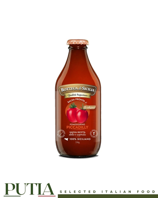 Bottega di Sicilia Salsa Piccadilly 330g — Sicilian tomato sauce made with 97% Piccadilly tomatoes, Italian extra virgin olive oil and fresh basil