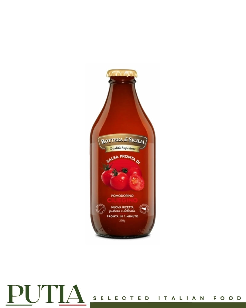 Bottega di Sicilia Salsa Ciliegino Rosso 330g — ready-to-use Sicilian cherry tomato sauce with Italian extra virgin olive oil and fresh basil"