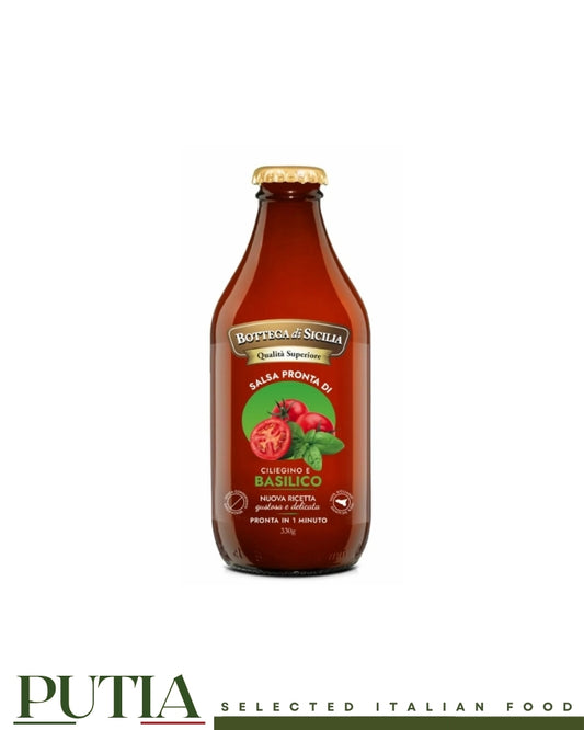 Bottega di Sicilia Salsa Ciliegino Basilico 330g — ready-to-use Sicilian cherry tomato sauce with fresh basil and Italian extra virgin olive oil