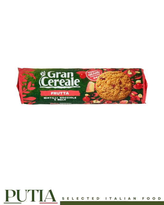 Gran Cereale Biscotti Frutta 250g — Italian wholegrain breakfast biscuits with cranberries, hazelnuts and apple, no palm oil, by Barilla"