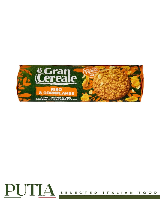 "Gran Cereale Biscotti Croccanti 230g — Italian wholegrain crunchy breakfast biscuits with oat flakes, rice, maize and caramelised puffed wheat, no palm oil