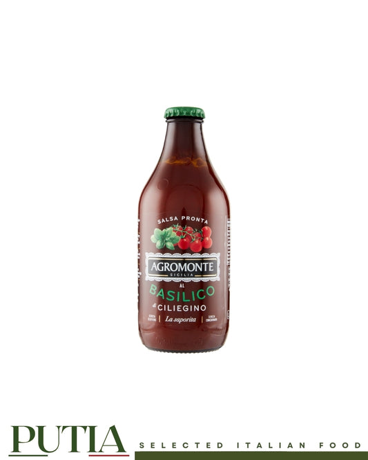 Agromonte Salsa Ciliegino Basilico 330g — Sicilian cherry tomato and basil ready sauce, vegan, kosher, gluten-free, no concentrate, made in Sicily