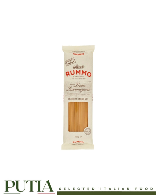 Rummo Spaghetti Grossi N.5 500g — thick-cut Italian slow process spaghetti, rough surface for perfect sauce grip, made in Benevento since 1846
