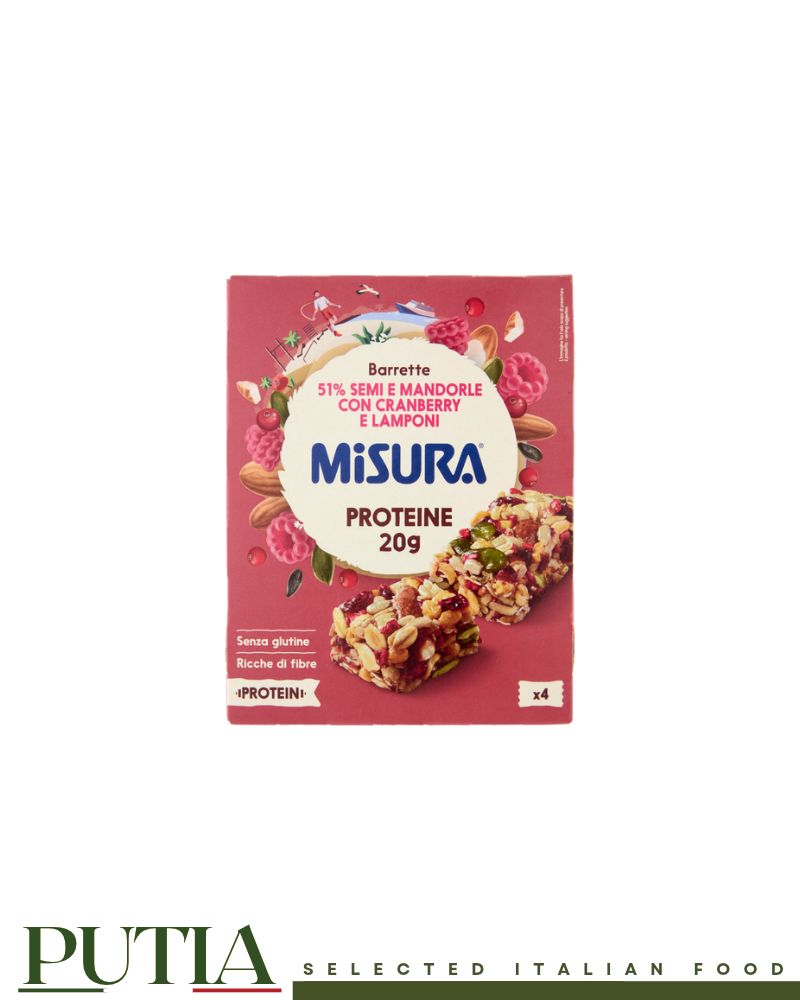 Misura Proteine barrette con semi e mandorle, cranberry e lamponi, 20g, senza glutine, confezione da 4 barrette