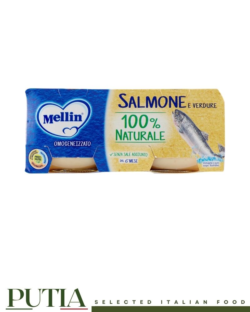 Mellin Salmon Homogenised Baby Food 80g x2 – Smooth Italian baby purée with delicate salmon, gently processed for infants from 6 months