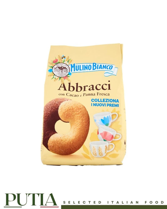 Mulino Bianco Abbracci cocoa and cream biscuits 350g – classic Italian shortbread rings"

