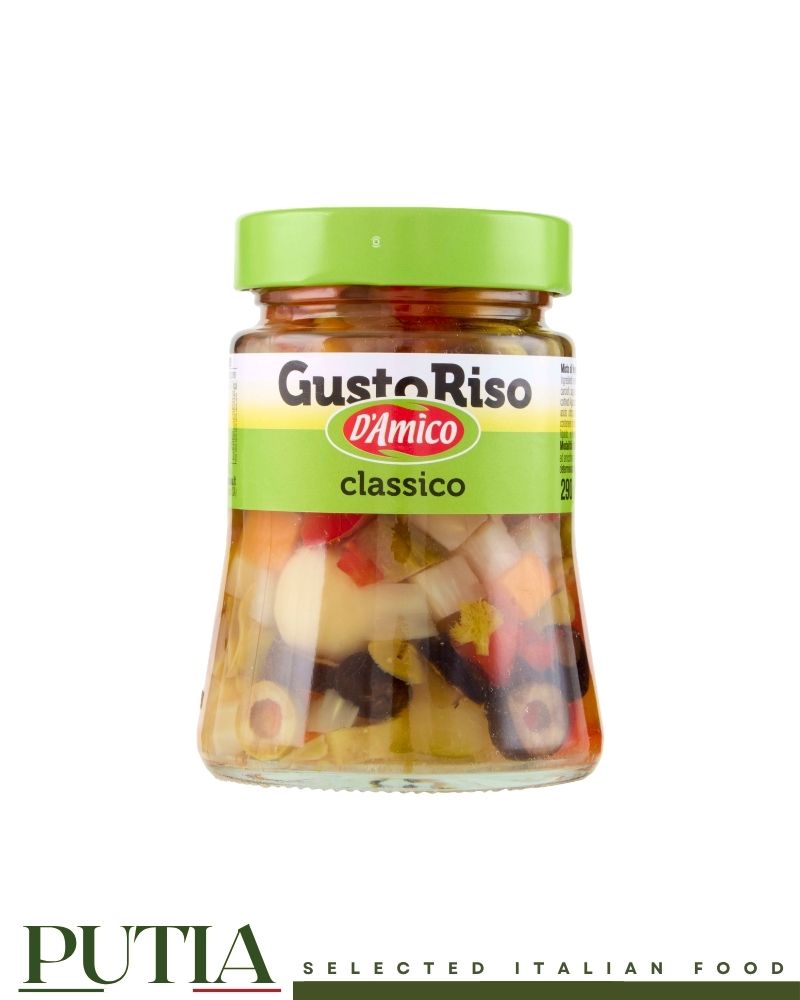 D'Amico Gustoriso Classico – Italian mixed vegetables with olives and mushrooms in a glass jar, 290g