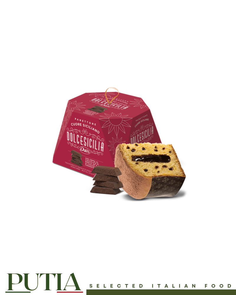 Dolcesicilia Dais Panettone Cuore Siciliano 1kg with chocolate cream and chocolate chunks – Italian Christmas Panettone Made in Italy | Putia Italian Food Box UK